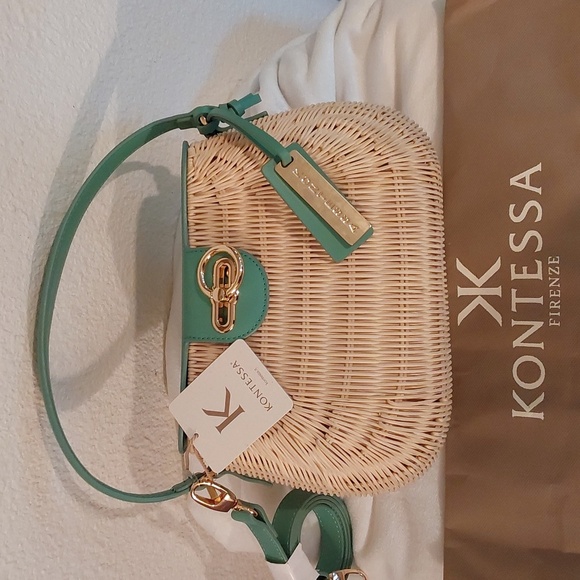 Kontessa Soft Green Cream Rattan Hand Woven Italian Luxury Bag Designer Mint - Picture 1 of 13